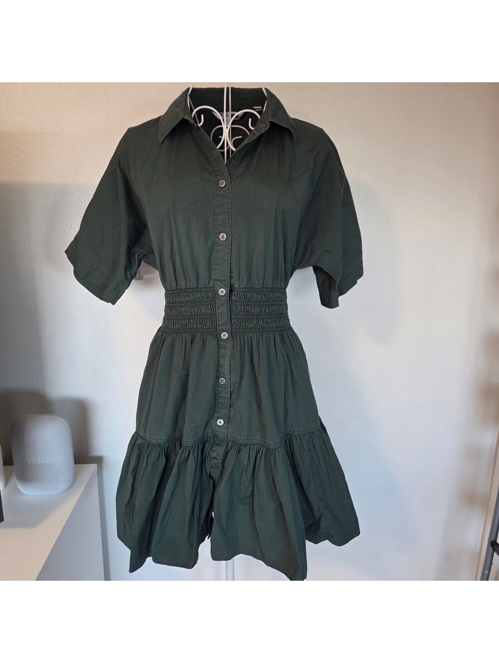 Veronica Beard Greta Smocked Waist Ruffle Mini Dress Forest Green Size 4